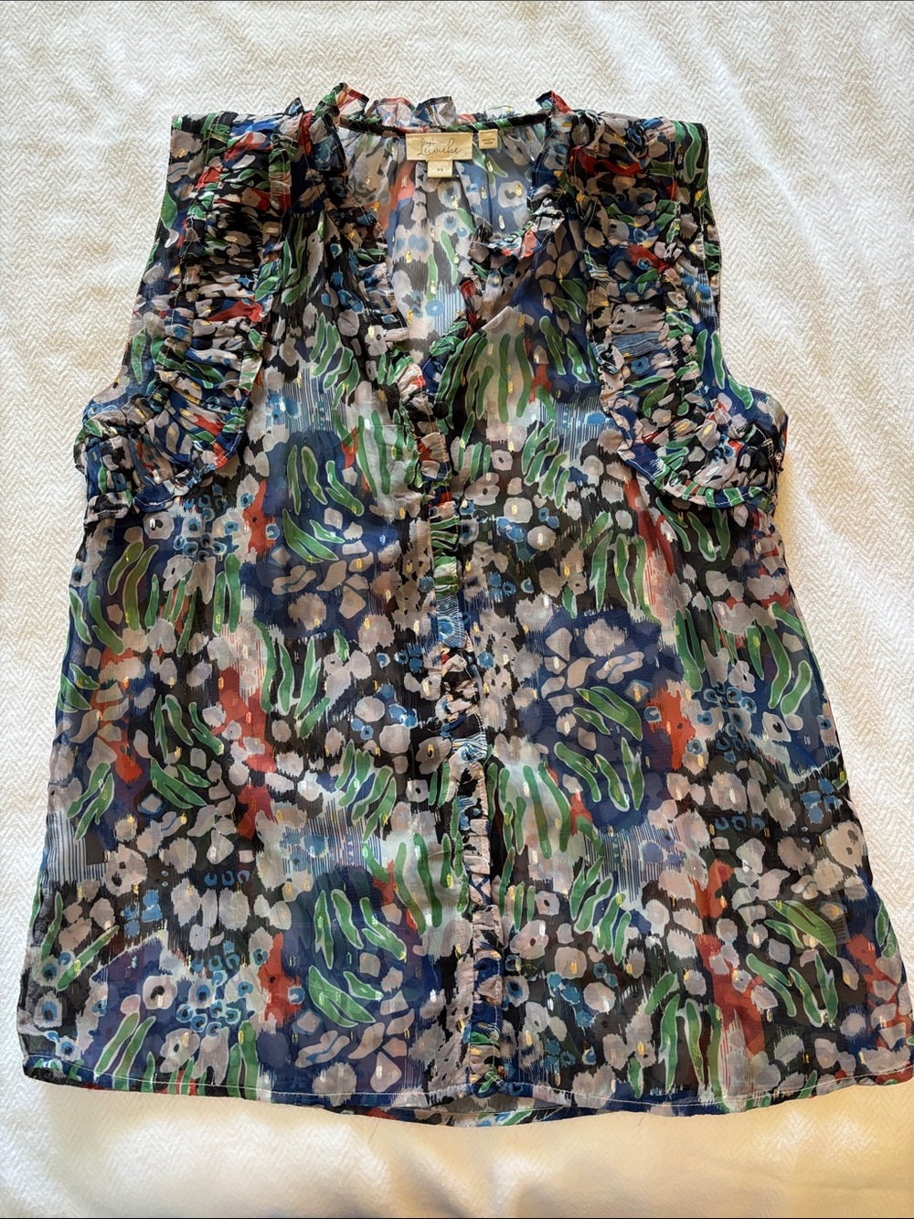 Anthropologie Sleeveless Printed Ruffle Blouse - sheer/multicolor